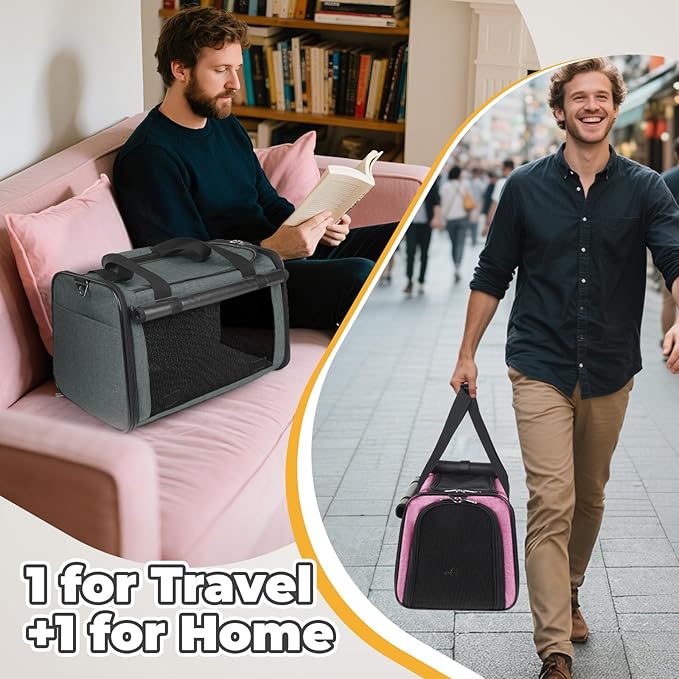 YUDODO 2 Packs 25 lbs Lightproof Soft Sided Cat Carrier for Large Cat & Small Dog Airline Approved Travel Puppy Carriers with Side Pockets & Reflective Mesh, Foldable Portable for Car Grey Green+Pink