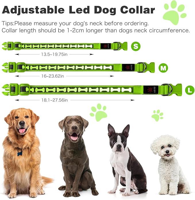 Flashseen Light Up Dog Collars, Adjustable LED Dog Collar Rechargeable, Glow in The Dark Dog Collars Super Bright Glow Collars for Night Walking for Dogs (Green, Small)