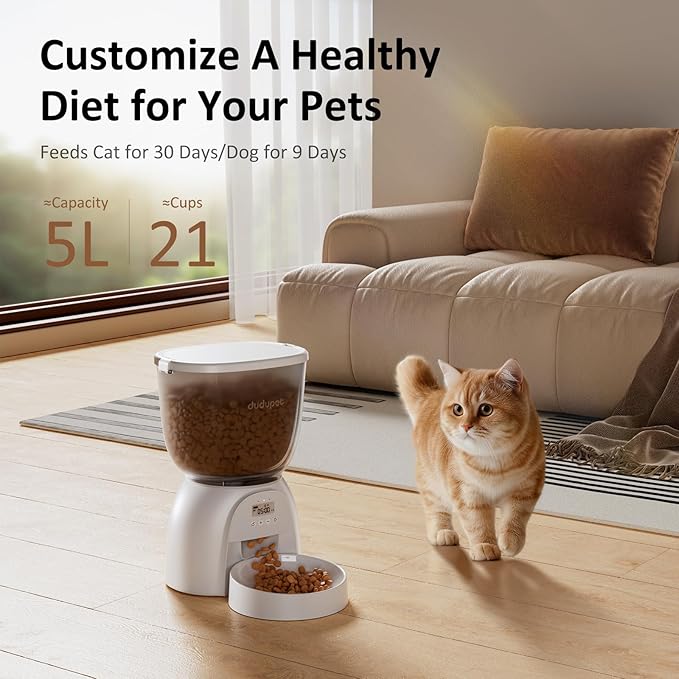 5L Automatic Cat Feeder, Timed Cat Food Dispenser, Automatic Pet Feeders Up to 6 Meal 1-20 Portion, Dual Power Supply Cats Feeder, Pet Dry Food Dispenser for Cats and Small Dogs