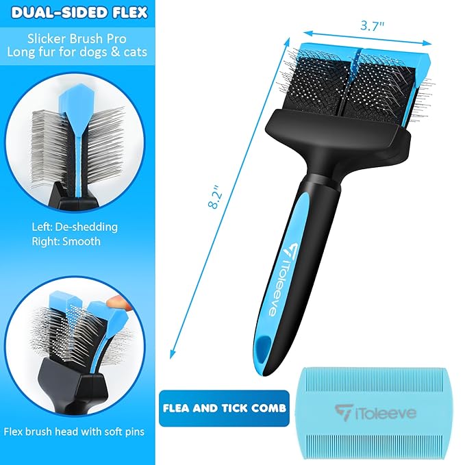 Dual Flex Slicker Brush Dog Brush, Gentle Grooming Tool for Sensitive Dogs & Cats - Ideal for Long Hair, Removes Undercoat, Tangles, and Knots