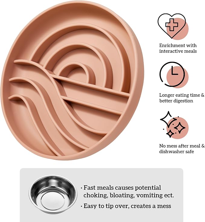 OHMO Slow Feeder Dog Bowls (Sunrise, Coral) Enrichment Toy Soft Silicone Food Safe Feeding Bowl Non Slip Suction Cup for All Breed Pet, Cat Slow Down Eating Dishes, Boredom and Anxiety Reducer