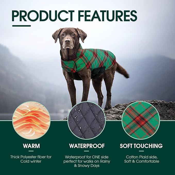 Kuoser Warm Dog Coat, Waterproof Dog Coats for X-Small Dogs, Adjustable Durable Doggie Winter Jacket Reversible Cozy Puppy Cold Weather Apparel from Small to Large Breed, Christmas Green XS