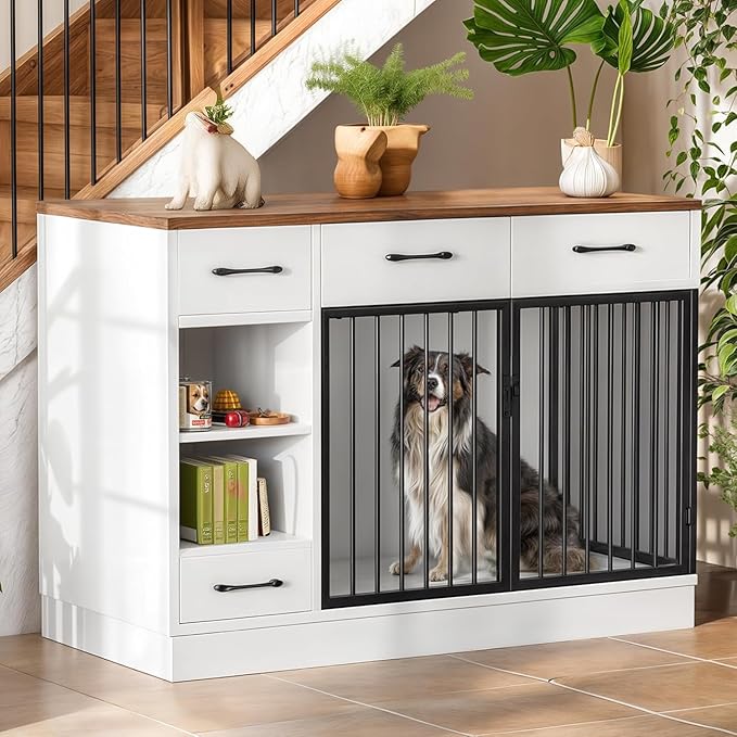47.2" Dog Crate Furniture with Storage Drawers & Hidden Bowl, Wooden Indoor Kennel with Shelf & 2 Doors, Pet Cage for Small/Medium Dogs
