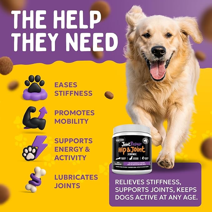 Joint Repair Hip and Joint Chews for Dogs Glucosamine, Chondroitin, MSM, Hemp, Omega 3 & Turmeric for Dog Joint Support, Mobility & Pain Relief - (120 Chicken Chews, Made in USA)