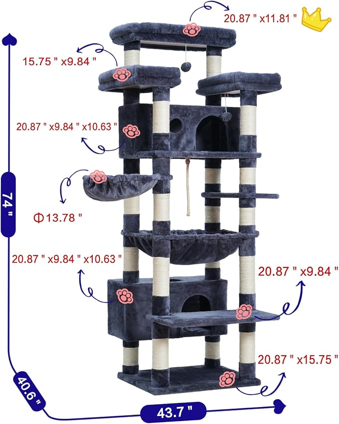 Cat Tree for Indoor Cats Large Adult, 74" Cat Tower with 3 Big Platforms, 2 Baskets, 2 Condos, Multi-Level Cat Scratching Posts, Smoky Gray GCT030G
