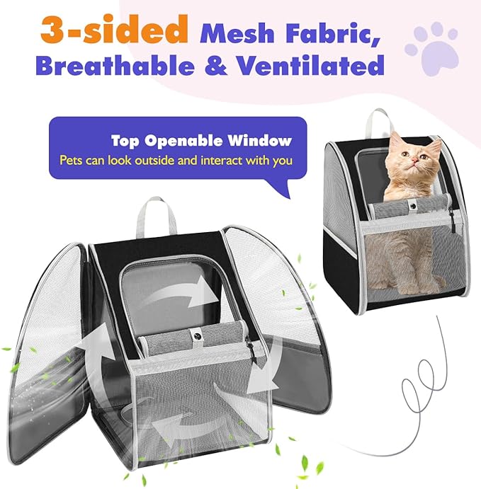 Pawaboo Cat Carrier Backpack, Pet Carrier Backpack for Kitties Small Dogs Puppies, Breathable Cat Bag Carrier, Small Dog Travel Backpack Carrier for Kitten Puppy Bunny - Black (up to 22lbs)