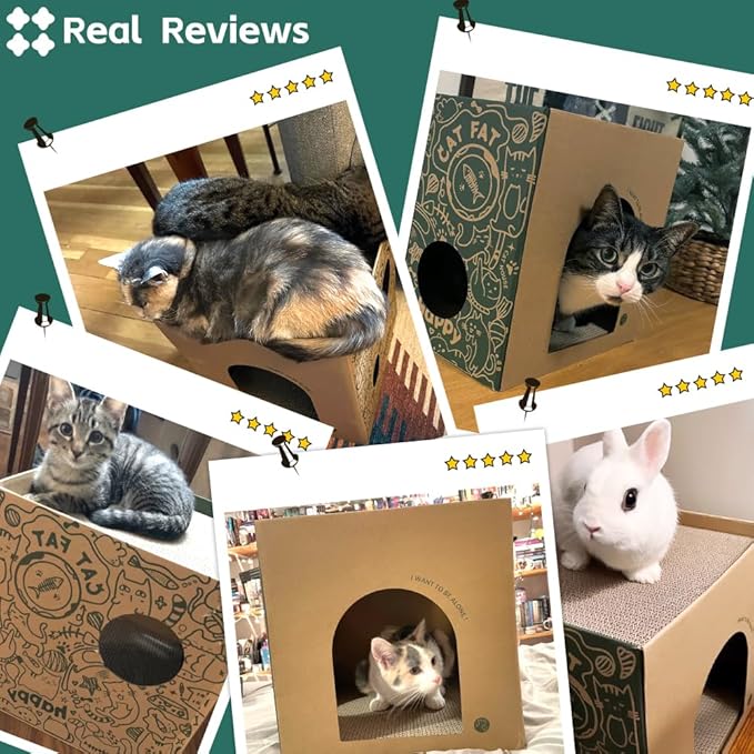 Cardboard Cat House with 2PCS Scratcher Pads Large Cat Scratchers Lounge Bed for Indoor Cats Cat Scratching Board & Cat Scratcher Box for Bunny/Cats Animals.(Green-Graffiti)