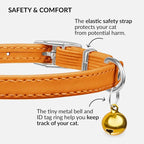 CollarDirect Leather Cat Collar with Bell - Kitten Collar, Small and Big Cat Strap for Boy Cats, Girl Cats with Safety Elastic Strap (Neck Fit 6"-7", Orange)