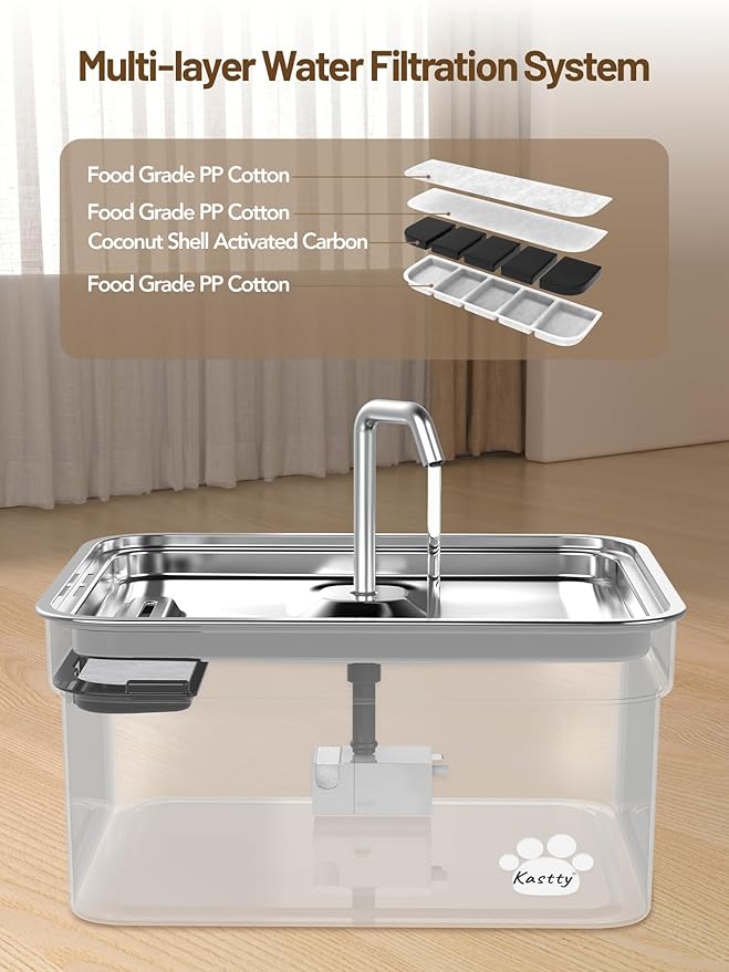 Kastty Dog Water Fountain for Large Dogs, 2.8Gal/10.5L Stainless Steel Cat Water Fountain, Super Quiet Smart Pet Water Fountain Automatic Dog Water Bowl Dispenser with LED Pump, Easy to Assemble Clean