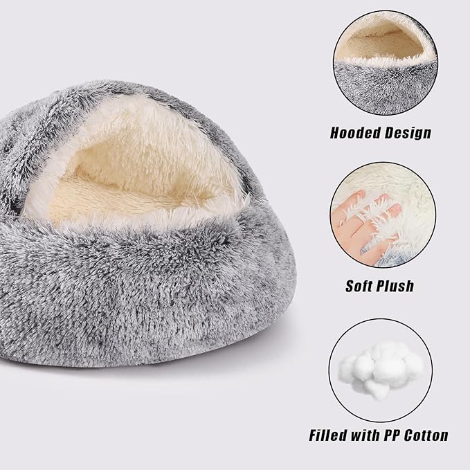 Round Hooded Cat Bed & Dog Bed with Cover Cave, Dog Bed for Small Dogs, Faux Fur Cuddler Round Coved Cat Bed Self Warming Donut Dog Bed Fits up to 5 lbs Pets (Gray, 16inch x 16inch)