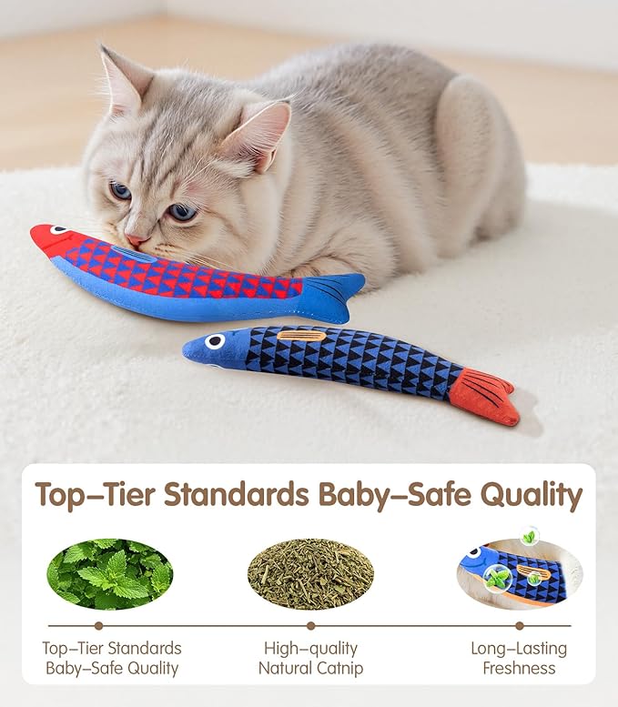 Cat Toys with[5000mg A+Natural Catnip &Silvervine] [Baby Grade] Interactive Soft Chew Kicker Cat Toys for Indoor Cats & Kittens, [Crinkle &Bell] Fish Sound Toy, Drives Bored Cat Crazy with Fun