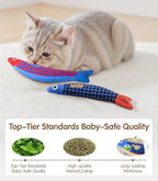 Cat Toys with[5000mg A+Natural Catnip &Silvervine] [Baby Grade] Interactive Soft Chew Kicker Cat Toys for Indoor Cats & Kittens, [Crinkle &Bell] Fish Sound Toy, Drives Bored Cat Crazy with Fun