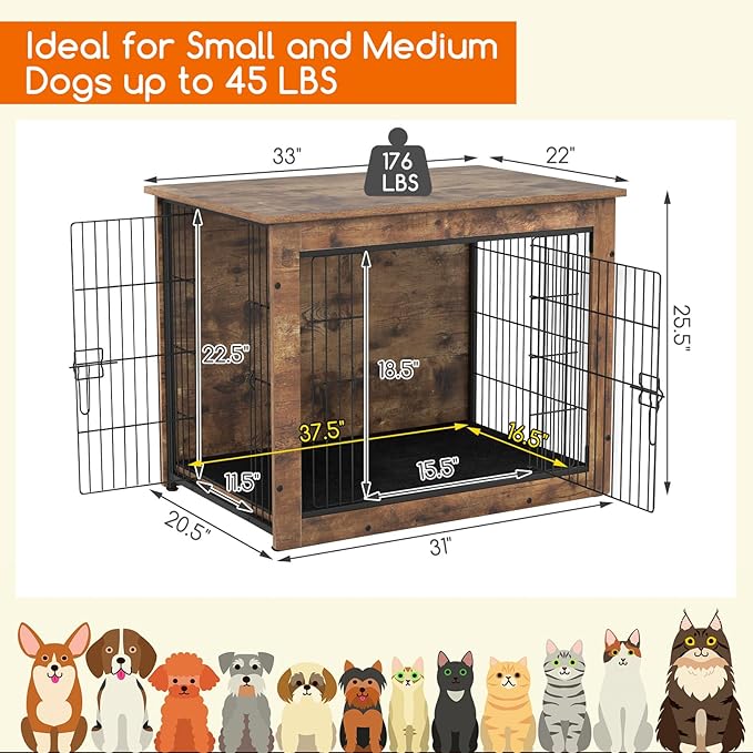 PETSITE Dog Crate Furniture for Small/Medium Dogs, 33" Indoor Pet House Side End Table w/Cushion, Double Doors, Heavy-Duty Chew-Resistant Wood Metal Dog Kennel up to 45 LBS (33 x 22 x 25.5 Inches)