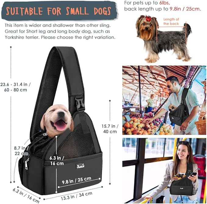SlowTon Pet Dog Sling Carrier, Hands Free Hard Bottom Papoose Small Animal Puppy Up to 6 lbs Travel Bag Tote Breathable Mesh Support Adjustable Padded Strap Pocket Safety Belt(Widened Black)