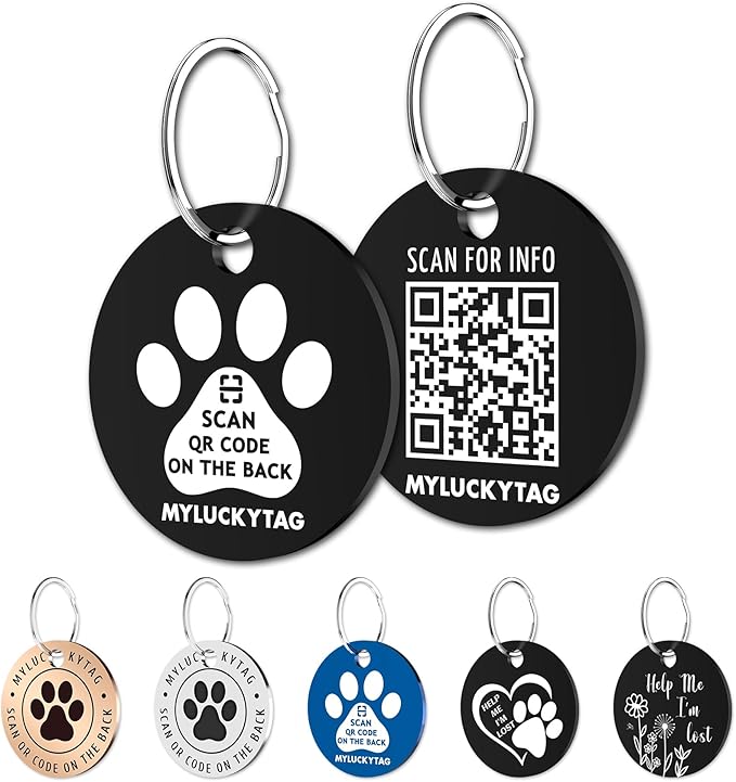 MYLUCKYTAG QR Code Stainless Steel Personalized Dog ID Tag, Engraved Dog Collar Tag, Digital Pet Profile, Pet Location Alert Email