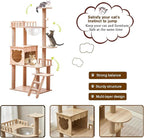 54-Inch Cat Tower,Multi-Level Pure Wood-Modern Cat Tree Tower with Condo, Cat Stairs, Bowl,9 Sisal Scratching Posts, Top Perch, Toy Balls,Cat Tree for Indoor Cats Large Adult (KT-1022)