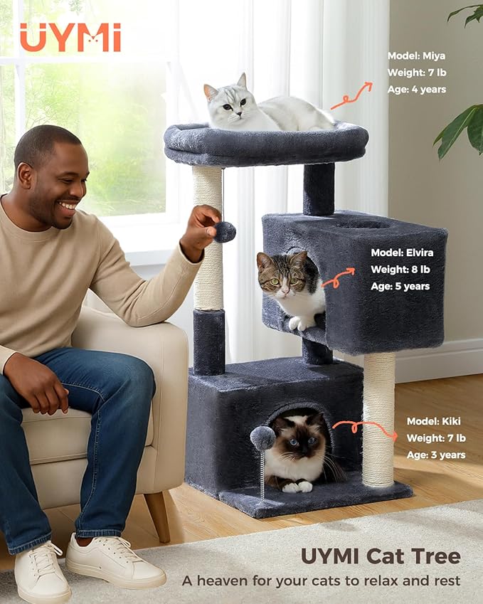 32" Cat Tree Tower for Indoor Cats - 2 Cozy Condos, Multi-Level Cat Scratching Posts with Sisal, Soft Padded Perch, 2 Dangling Toys, Dark Grey