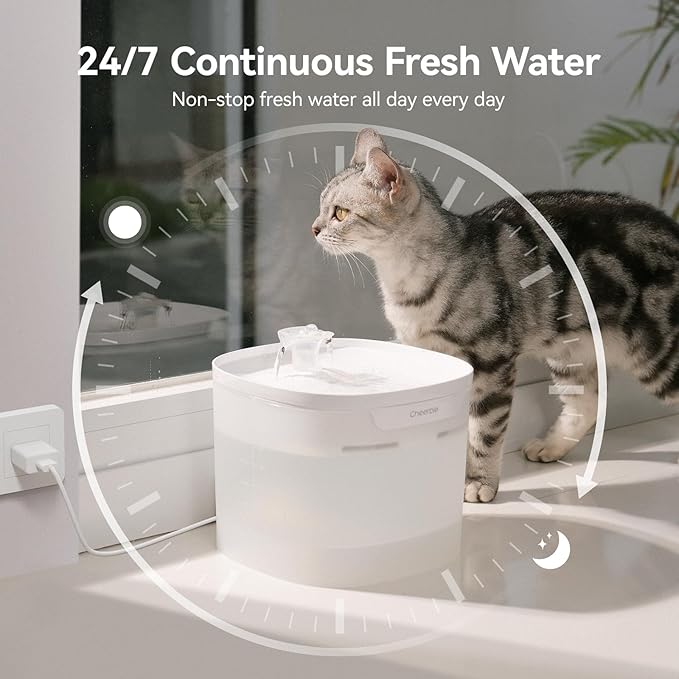 Cheerble Pumpless Cat Water Fountain, 2L/67oz Automatic Pet Fountain, Elfin E1 Lite Cat Fountain for Drinking, MagDrive™ Technology, Continuous Flow Mode, BPA-Free Cat Water Dispenser for Cats Dogs