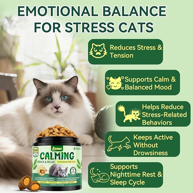 YOTANGO Cat Calming Treats – 500 Crunchy Calming Chews for Cats Kittens, Anxiety Relief & Stress Reduction for Travel, Thunder, Vet Visits, with Chamomile, L-Theanine & L-Tryptophan (Chicken Flavor)