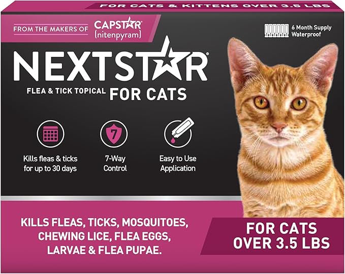 NEXTSTAR Flea and Tick Prevention for Cats, Repellent and Control, Fast Acting Waterproof Topical Drops, Flea Prevention for Cats Over 3.5 lbs, 6 Monthly Doses