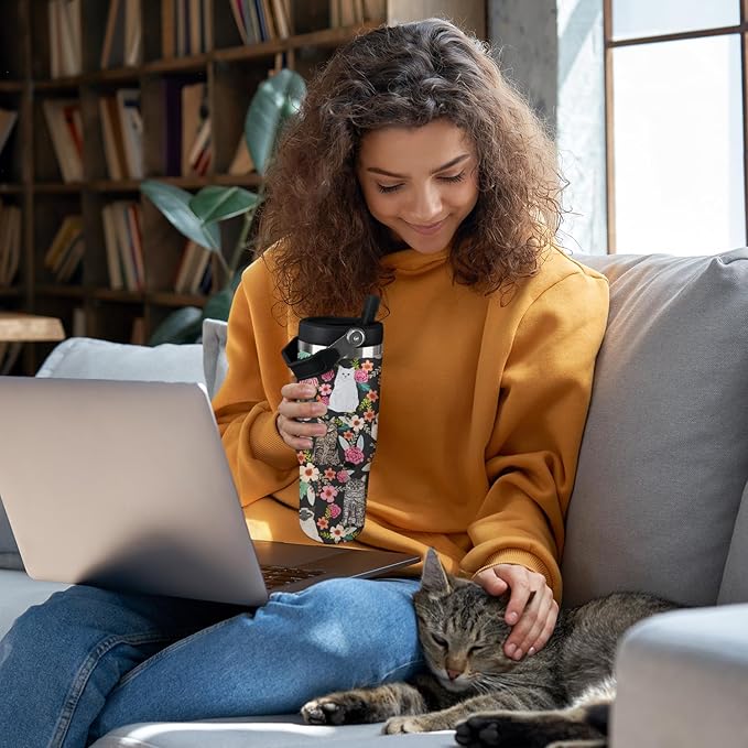 Cat Tumbler with Lid and Straw 30oz Stainless Steel Cute Water Bottle Cup Funny Gifts for Women Girls