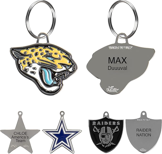 NFL Jacksonville Jaguars Engraving Pet ID Tags in 32 Team Logo Shapes Personalized Dog Tags and Cat Tags with 3 Lines of Customizable Text for Tracking & Safety. Stainless Steel Pet ID Tracking Tags