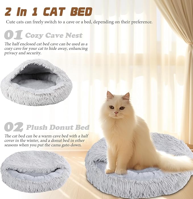 Bdor Cat Beds & Dog Bed with Cover Cave, 20in Round Beds for Medium Small Pets, Self Warming Soft Plush Donut Calming Pet Bed for Indoor Cats Dogs Puppy Kitten, Washable Bed with Non-Slip Bottom