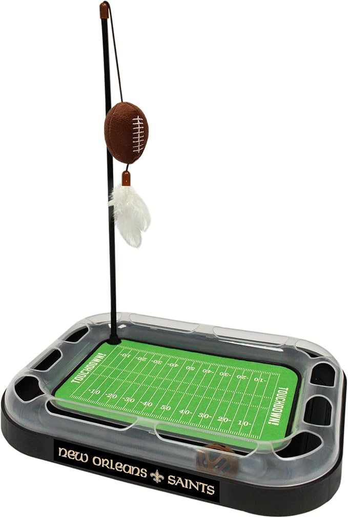CAT BELL BALL NFL New Orleans Saints Football Field CAT Scratcher Toy with Catnip Filled Plush Football Toy & Feather Cat Toy Hanging, with Jingle Bell Interactive Ball Cat Chasing 5-in-1 Kitty Toy