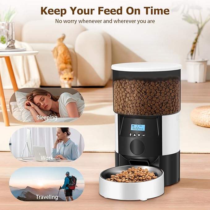 Automatic Cat Feeder, 3L Timed Dog Food Dispenser, Auto Dry Food Feeders for Pets, Programmable Portion Control, 4 Meals/Day, Dual Power Supply, 10s Voice Recorder (White and Black - Basic)