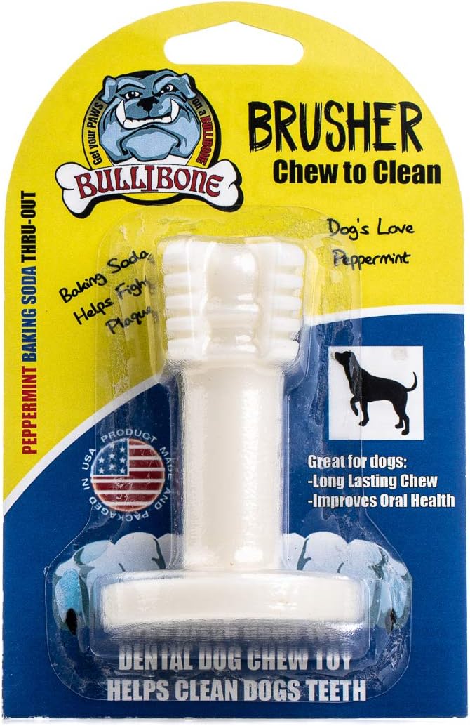 Bullibone Brusher: Dog Teeth Cleaning Brushing Toothbrush Stick - Long Lasting Nylon Peppermint Chew Toy for Dog Oral Care and Dental Health for Small Dogs and Puppies