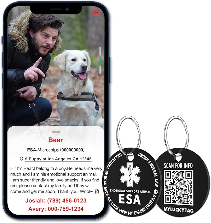MYLUCKYTAG QR Code ESA Emotional Support Dog ID Tag - Pet Online Profile - Scan QR Receive Instant Pet Location Alert Email