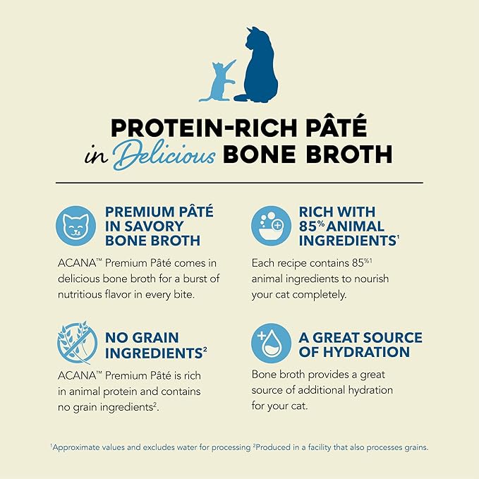 ACANA Premium Pate Wet Cat Food in Bone Broth Variety Pack: Salmon & Chicken + Tuna & Chicken Recipes 3oz Cans (12 Count, 6 of Each)