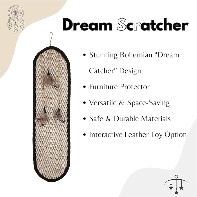 Boho Sisal Cat Scratcher Mat with Hook and Loop Strips (Scratch Protector for Carpet, Sofa, Wall and Furniture), Durable and Shedding-Resistant Surface (Oval Medium, Fishbone)