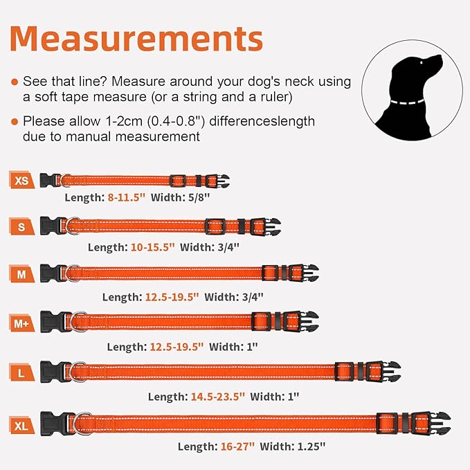 Reflective Dog Collar, Soft Neoprene Padded Nylon Pet Collar with Quick-Release Buckle, No-Choke Design Adjustable for Small Dogs,Orange,S