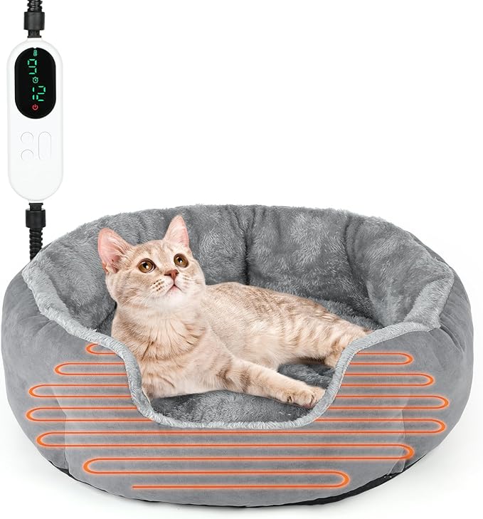 Heated Cat Bed Indoor, 18.5" Soft Heated Pet Bed for Indoor Cats with Timer and Temp Adjustable, Warming Cat Bed Heating Pad for Indoor Cats Kitten Old Cat Senior Cat