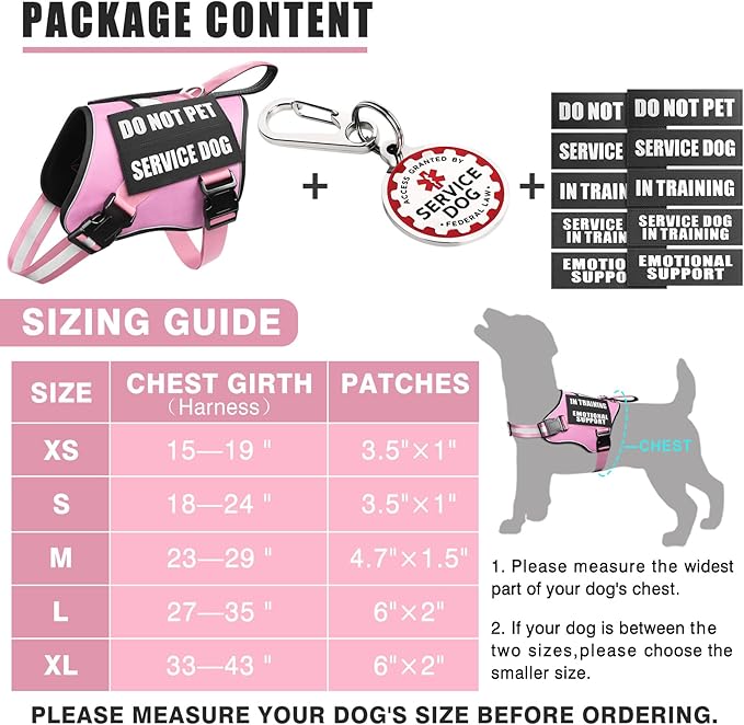 Service Dog Vest Harness+ID Tag+10 Patches,Metal Serivce Dog Tag&Reflective Emotional Support Dog Vest with Handle for Large Dogs,Easy Put On/Off for Training/Walking/Everyday Pink L