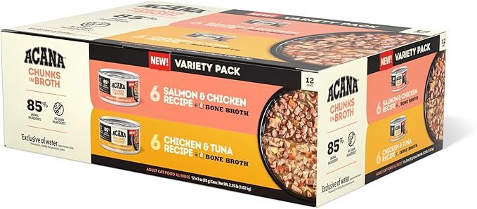ACANA Chunks in Broth Wet Cat Food Variety Pack: Salmon & Chicken + Chicken & Tuna Recipes 3oz Cans (12 Count, 6 of Each)