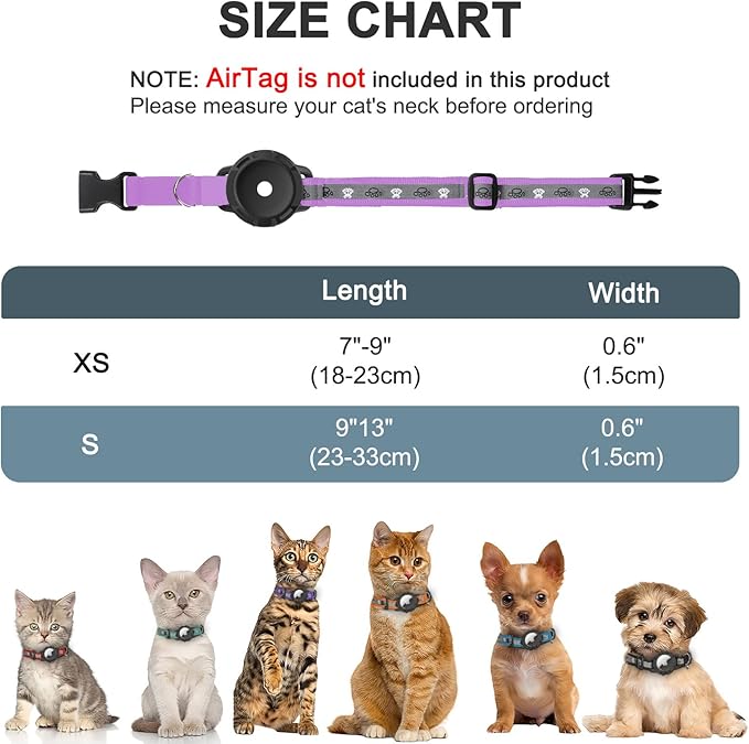 Reflective AirTag Cat Collar, Integrated Cat Tracker Collar with Air Tag Holder and Bell, Safety Elastic Band Cat GPS Collars for Girl Boy Cats, Kittens and Puppies (Lilac,XS)