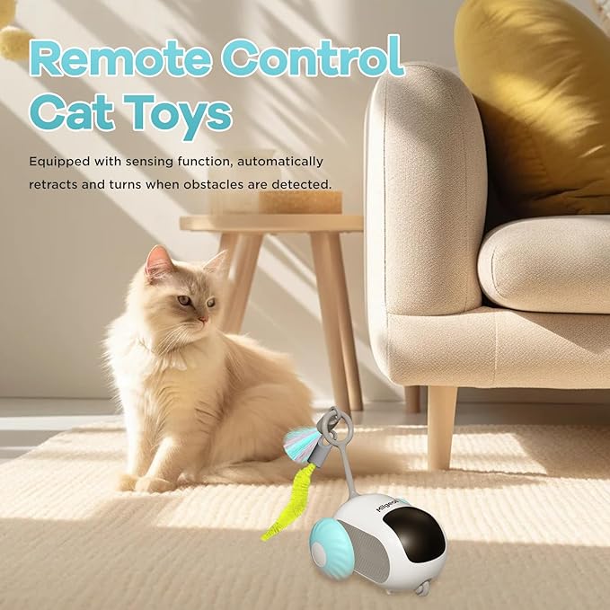 Turbo Tail 3.0 Interactive Cat Toy - Smart Remote Control Electric Mouse with Feathers, 3 Play Modes (Smart/Manual/Standby), Auto Obstacle Avoidance, Type-C, 8H Playtime - Blue (2PCS)