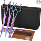Dog Grooming Scissors kit 7 in 1 Professional Pet Cat Hair Cutting Shears At Home Including Straight Curved Thinning Scissors with Safety Round Tip, Comb