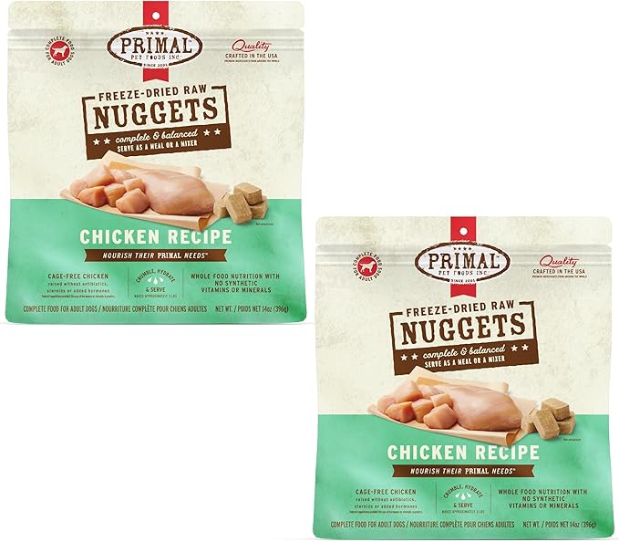 Primal Freeze Dried Dog Food Nuggets, Chicken; Complete & Balanced Meal; Also Use as Topper or Treat; Premium, Healthy, Grain Free, High Protein Raw Dog Food, 14 oz (Pack of 2)