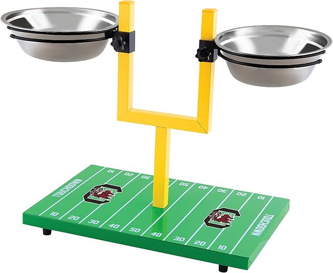 NCAA South Carolina Gamecocks Goalpost Football Field Dog Feeder – Adjustable Elevated Dog Bowls with Stand, 2 Stainless Steel Bowls, Non-Slip Rubber Feet, Raised Pet Feeder for Large & Small Dogs