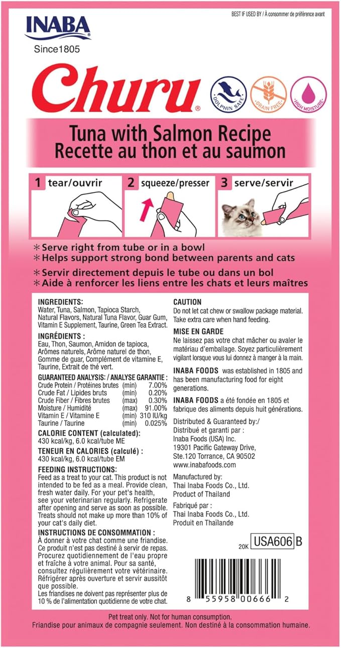 Churu Tuna with Salmon Recipe Lickable Creamy Purée Cat Treats 24 Tubes