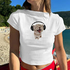 Cat Graphic Baby Tee for Women Grunge Y2k Shirt Funny Crop Tops Teens Cute Cropped Tees Aesthetic Printed Tshirts(White,S)