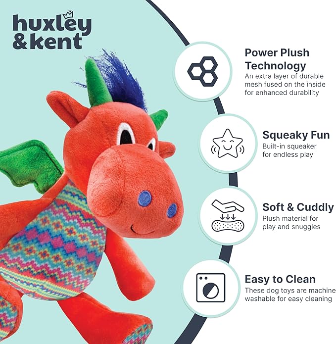 Huxley & Kent Funny Dog Toy w/Squeaker – Holiday Power Plush Squeaky Dog Toys for Small, Medium & Large Dogs – Soft Stuffed Animal for Indoor Play & Fetch - Fireball Dragon, Small