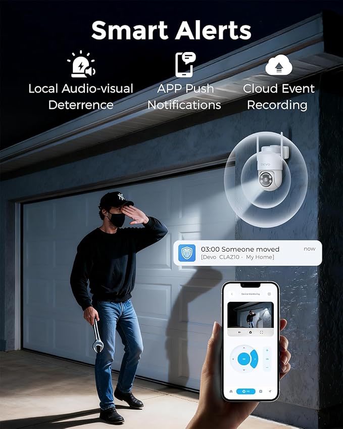 Devo Solar Security Camera Wireless Outdoor 360° PTZ - 2.3K Color Night Vision with AI Human Detection, WiFi 6 Pan/Tilt IP66 Waterproof, 180-Day Battery & Solar Panel, 2-Way Audio, Triple Alert System