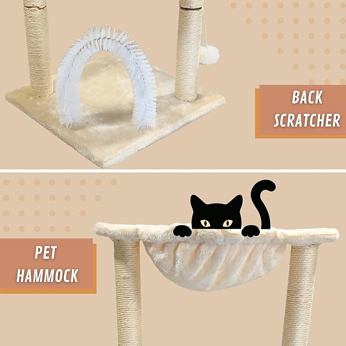 POLIPETS 19” Tall Cat Tower with Hammock,Sisal Scratching Posts and Pets Self Groomer Massager, Soft Hanging Basket Perch Hammock,Indoors Cat Furniture 16x15”, Beige