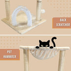 POLIPETS 19” Tall Cat Tower with Hammock,Sisal Scratching Posts and Pets Self Groomer Massager, Soft Hanging Basket Perch Hammock,Indoors Cat Furniture 16x15”, Beige