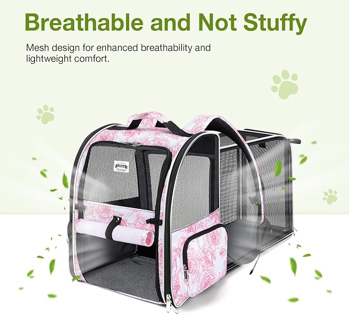 Lekebobor Large Cat Backpack Carrier Expandable Pet Carrier Backpack for Small Dogs Medium Cats Fit Up to 18 Lbs,Dogs Foldable Puppy Backpack Carrier for Travel, Hiking,Pink Flowers Pattern
