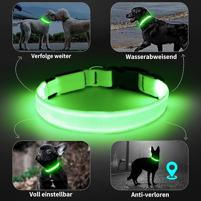 Led Dog Collar - Adjustable, Rechargeable, Waterproof, Glows in Dark for Medium Large Dogs